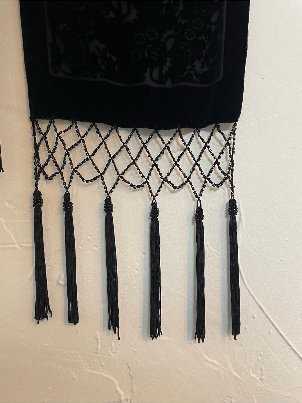 Black Floral Velvet Beaded Tassel Scarf - Boho Gothic Romantic Wrap - Picture 3 of 5
